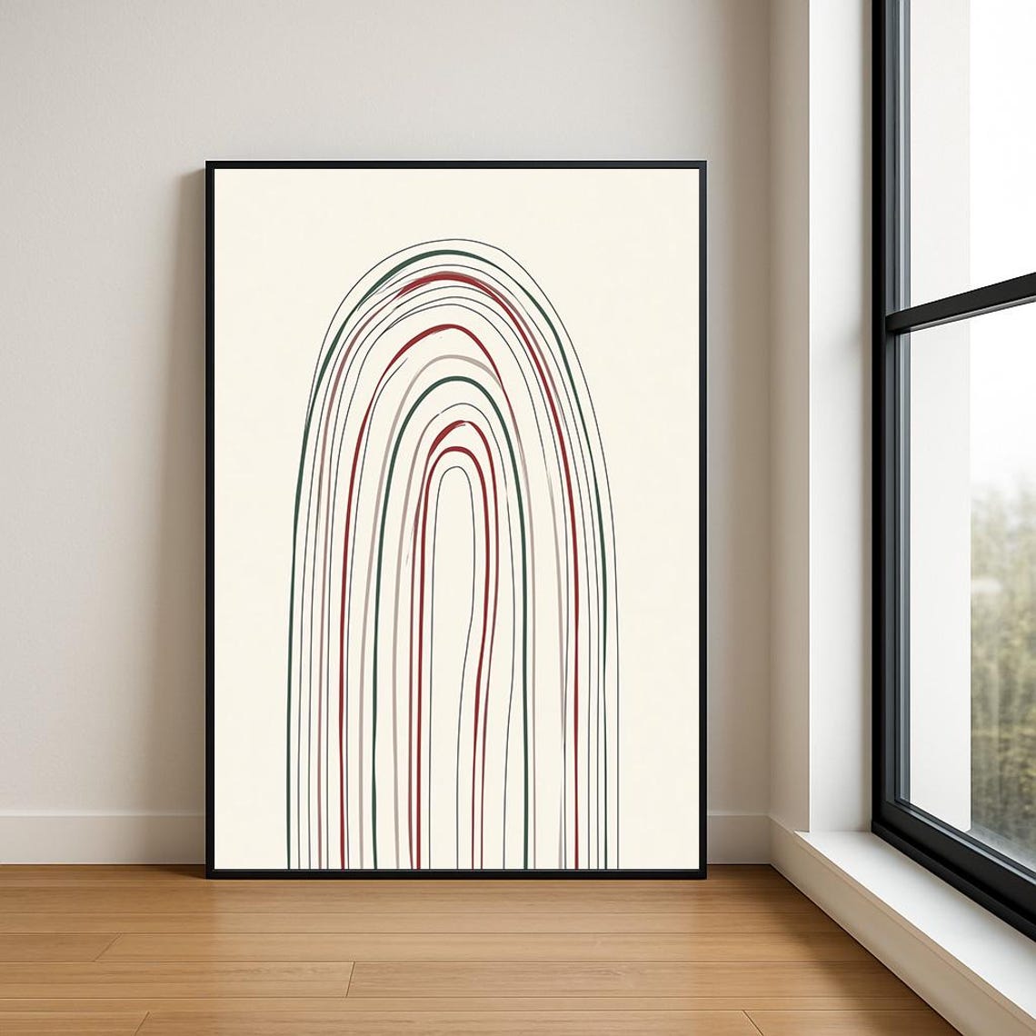 Red and Green Rainbow Arch Line Art Minimalist Abstract Poster