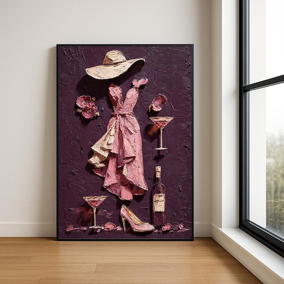 Lady in Pink Dress with Wine Glass Impasto Fashion Art Poster