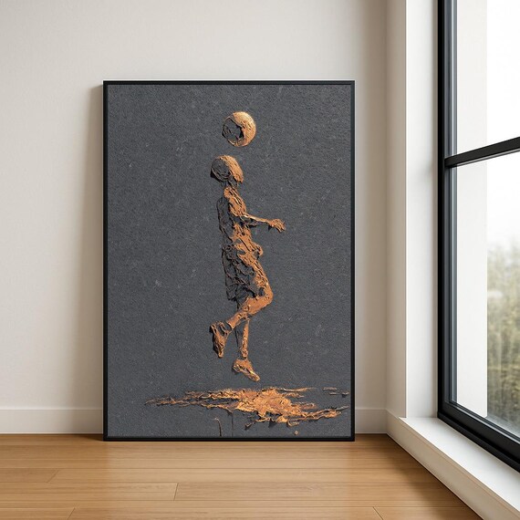 Bronze Soccer Player Header Goal Charcoal Textured Sports Poster