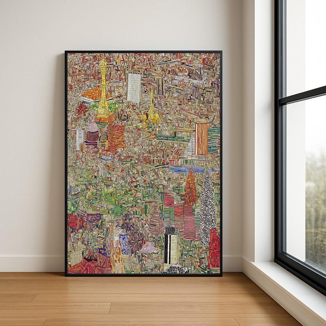 Vibrant Mosaic Cityscape Golden Temple Spires Colorful Art Poster