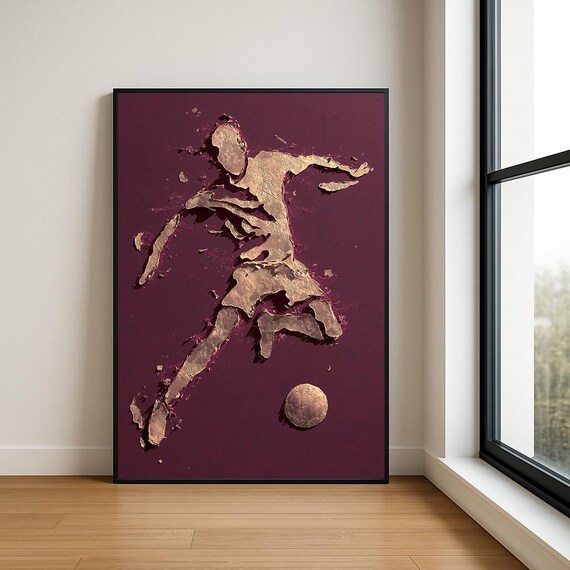 Gold Soccer Player Strike Ball Burgundy Textured Sports Poster