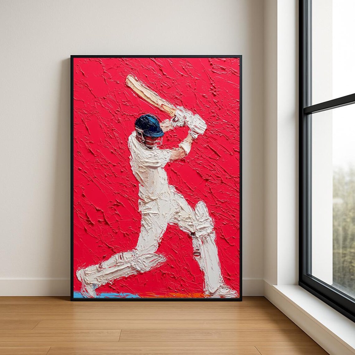 Cricket Batsman White Red Impasto Sports Oil Painting Poster