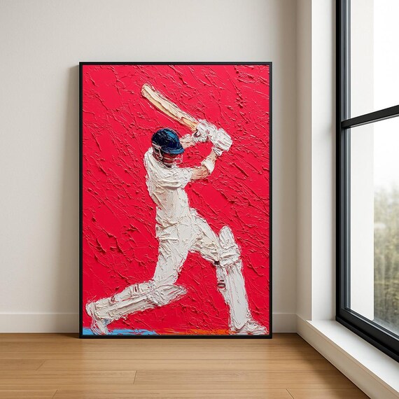 Cricket Batsman White Red Impasto Sports Oil Painting Poster