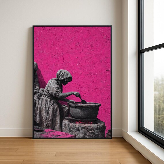 Woman Stirring Pot Over Fire Magenta Gray Kitchen Painting Poster