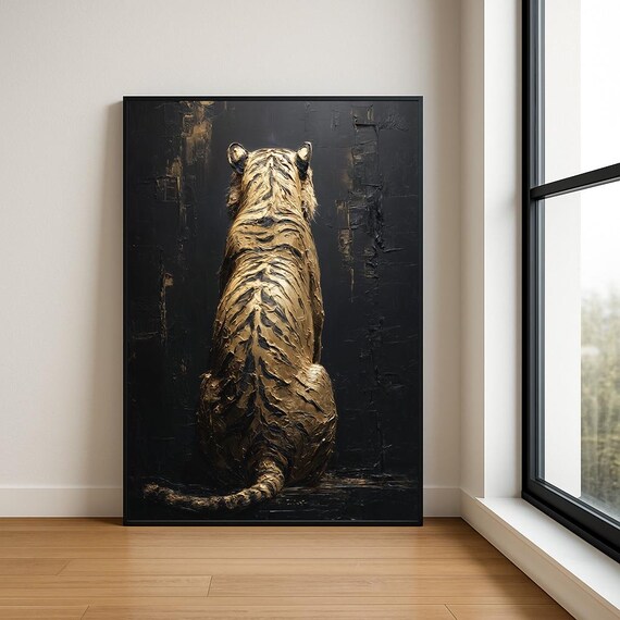 Golden Tiger Sitting from Behind Black Gold Oil Painting Poster