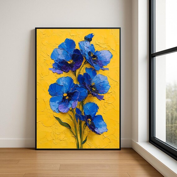 Blue Pansy Blooms on Vivid Yellow Impasto Floral Oil Art Poster