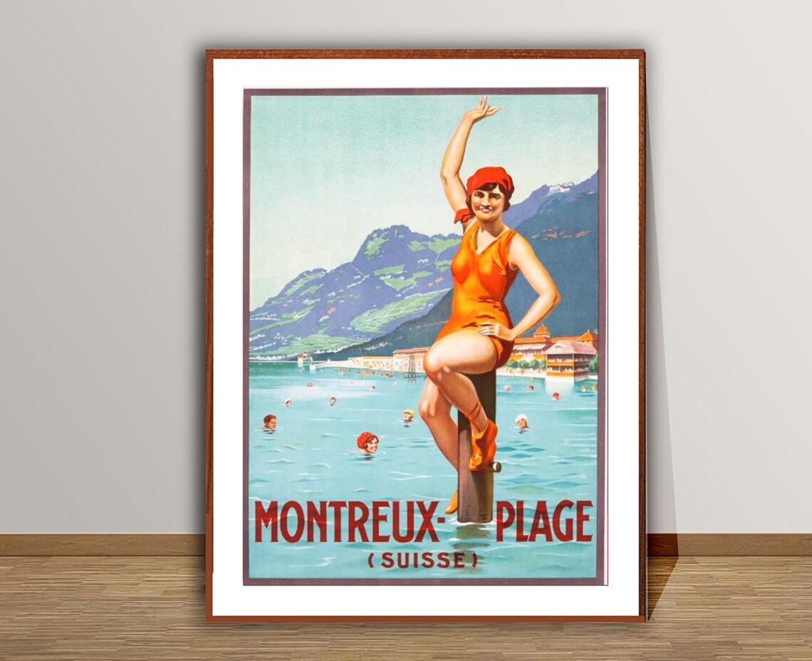 Montreux Plage Suisse Lake Swimmer Diving Vintage Swiss Travel Poster - Image 3