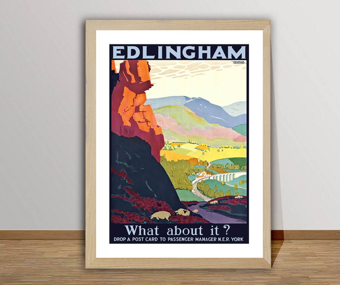 Edlingham Vintage English Railway Poster Mountain Valley Viaduct Sheep