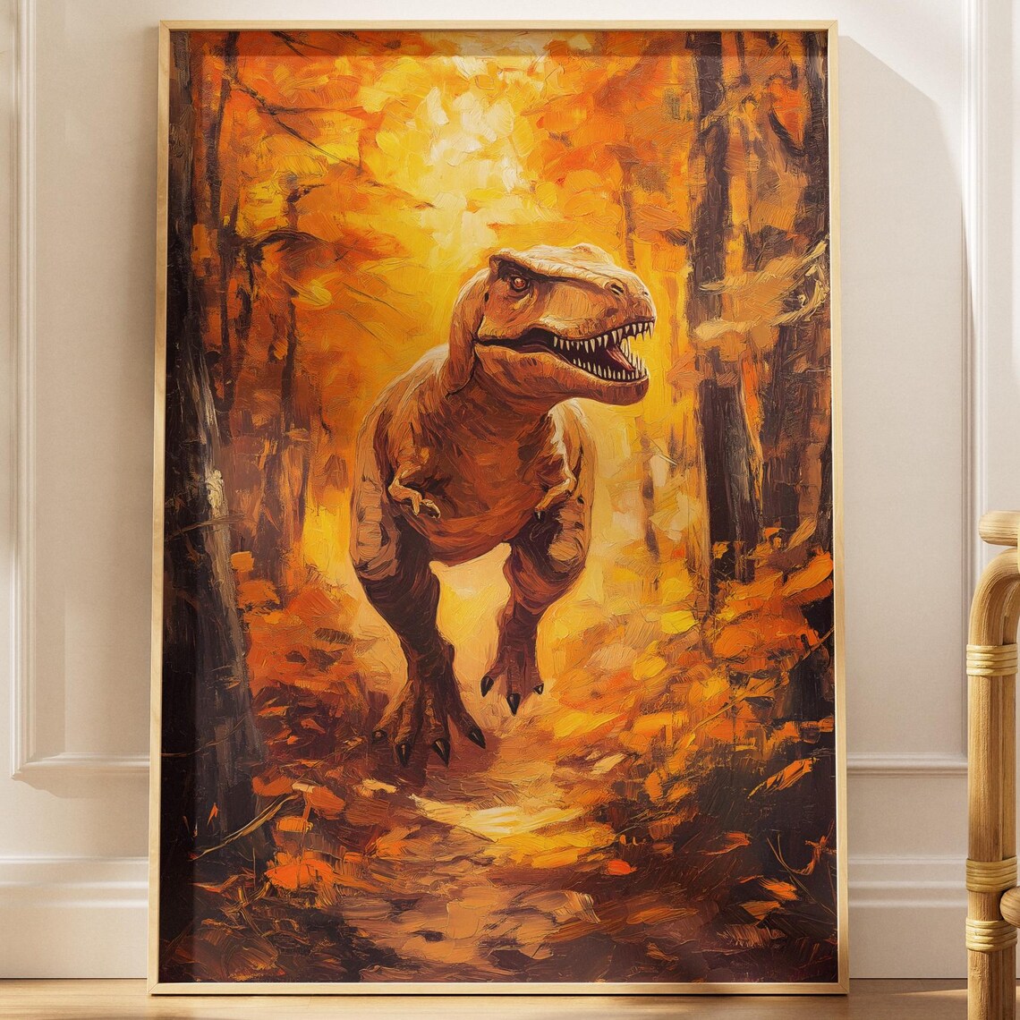 Autumn Trex Poster, Dinosaur Forest Scene Art Print