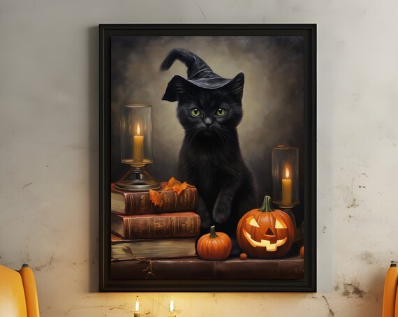 Black Cat In Witch Hat With Books And Jack O Lantern Halloween Poster