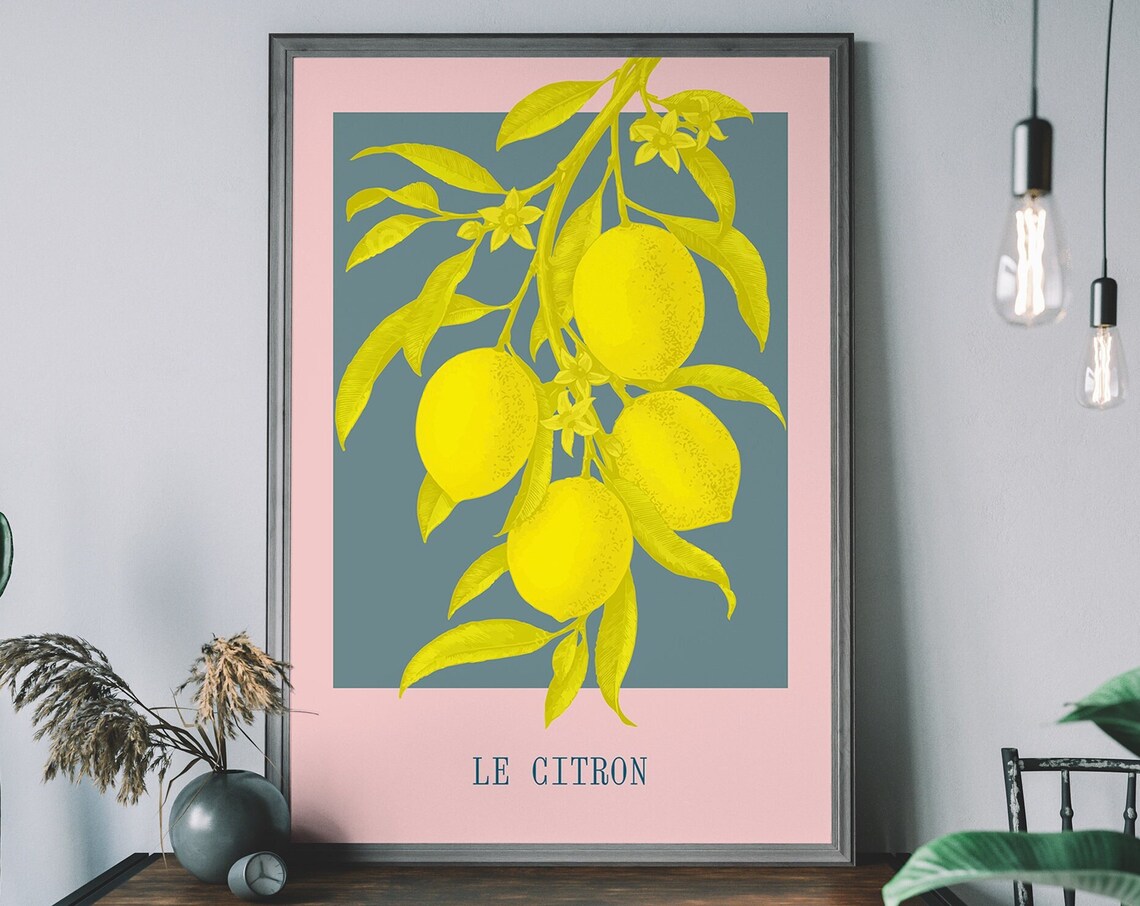 Citron Art Print Abstract Lemon Illustration On Pastel Pink Background Botanical Fruit Poster Modern Wall