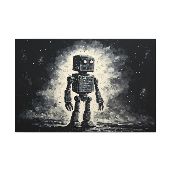 Retro Robot Standing Starry Space Black White Ink Painting Poster Art