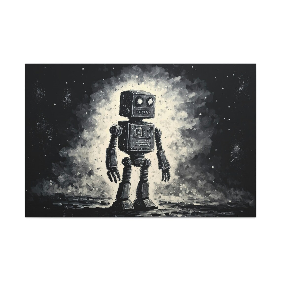 Retro Robot Standing Starry Space Black White Ink Painting Poster Art