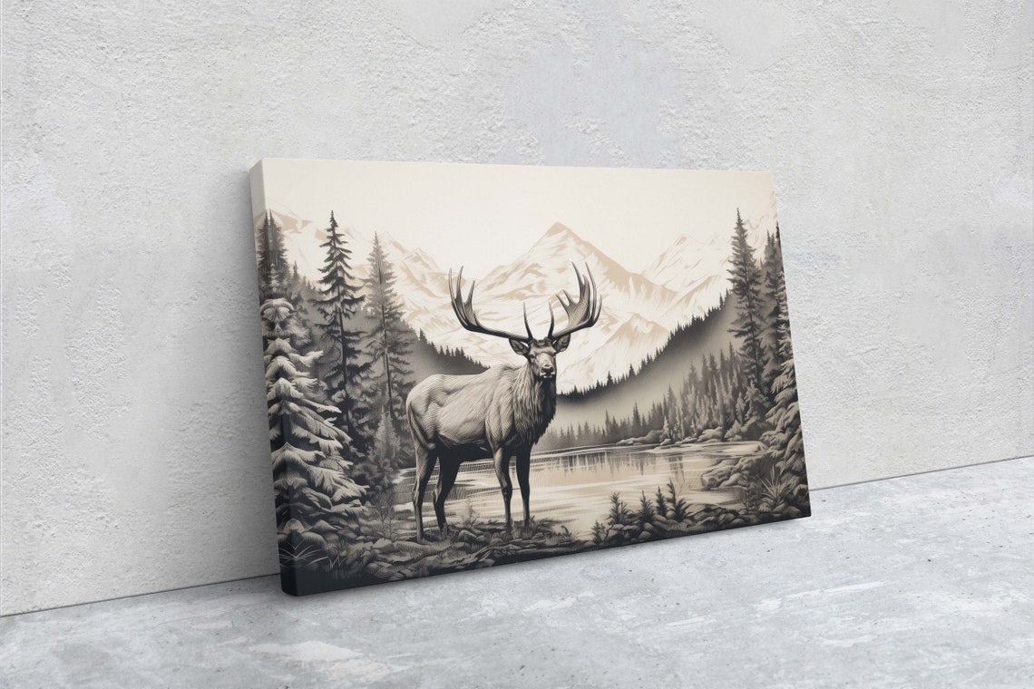 Sepia Elk Mountain Lake Pine Forest Cabin Rustic Wildlife Art Print - Image 2