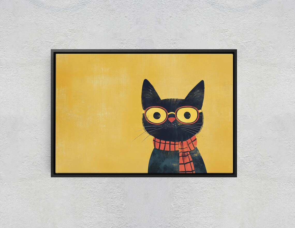 Black Cat Wearing Glasses and Orange Scarf Pop Art Style Wall Art