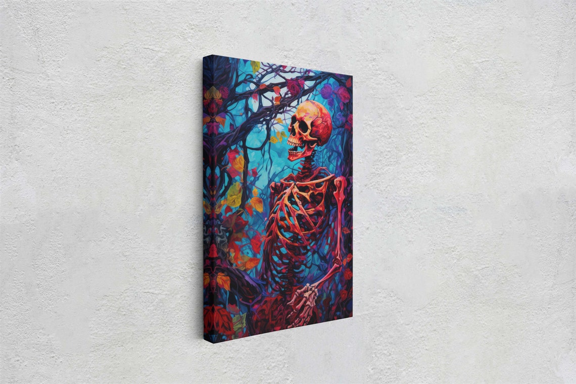 Colorful Skeleton Autumn Leaves Tree Gothic Halloween Art Poster - Image 2