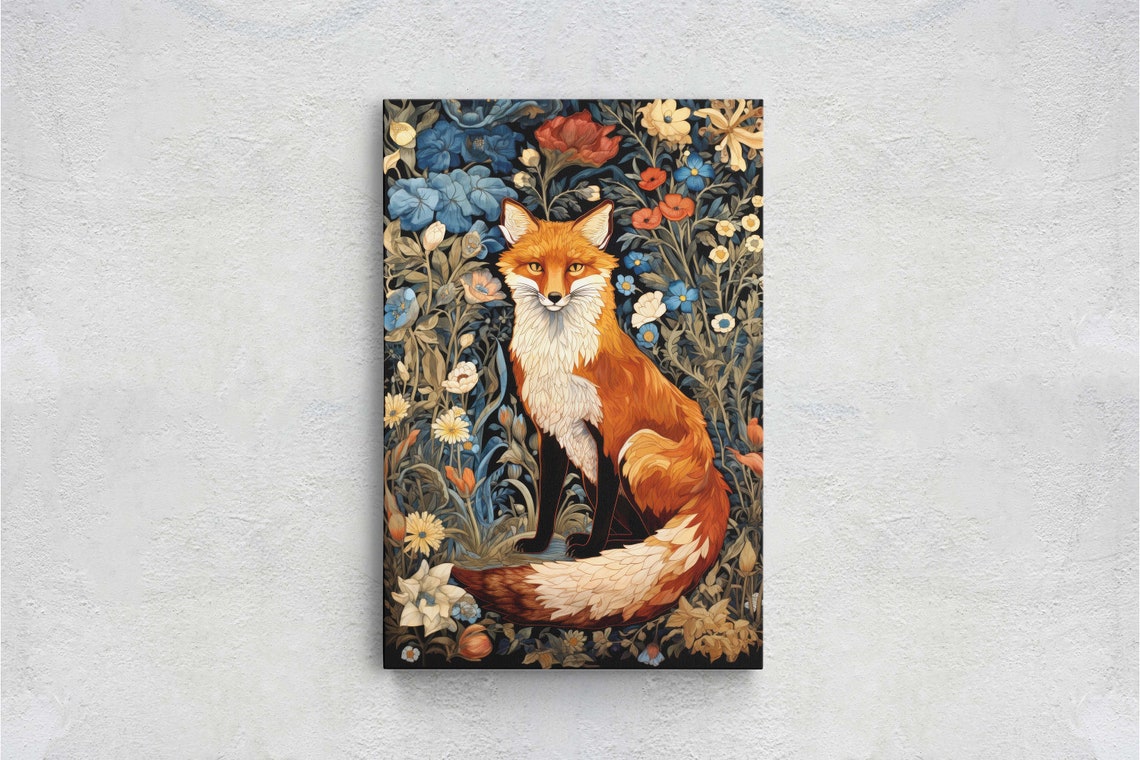 Red Fox Sitting Blue Red Floral Garden William Morris Art Poster - Image 2
