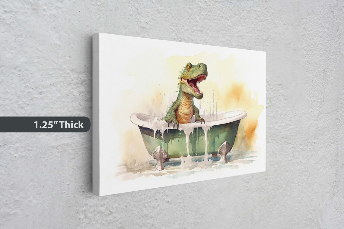 T Rex Dinosaur In Bathtub Watercolor Funny Kids Bathroom Wall Art - Image 3