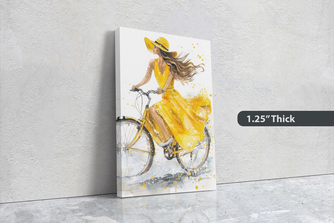 Woman Yellow Sundress Straw Hat Riding Yellow Bicycle Art Poster - Image 3