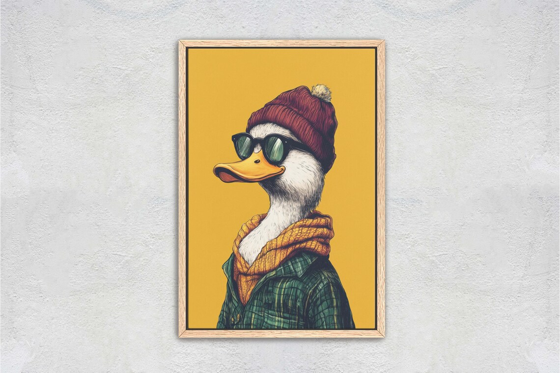Hipster Duck in Sunglasses Beanie and Scarf Quirky Animal Art Print - Image 2