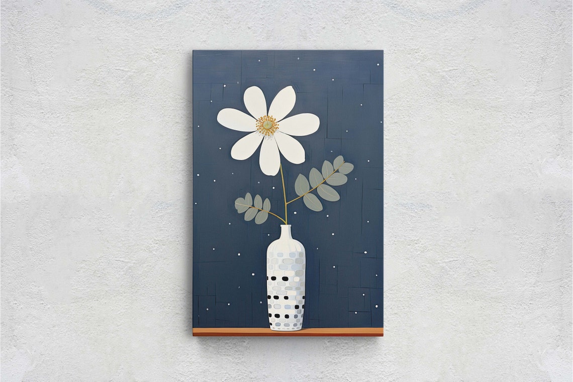 White Flower Eucalyptus White Vase Dark Navy Minimalist Art Poster - Image 2