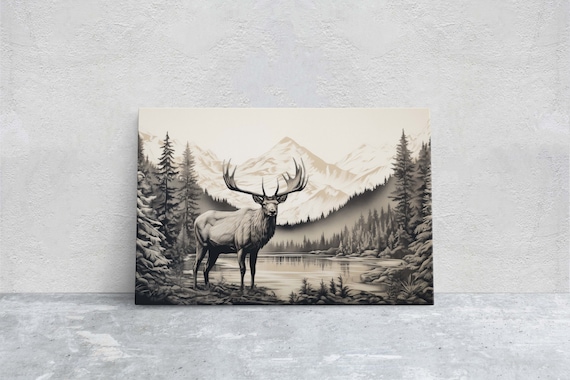 Sepia Elk Mountain Lake Pine Forest Cabin Rustic Wildlife Art Print