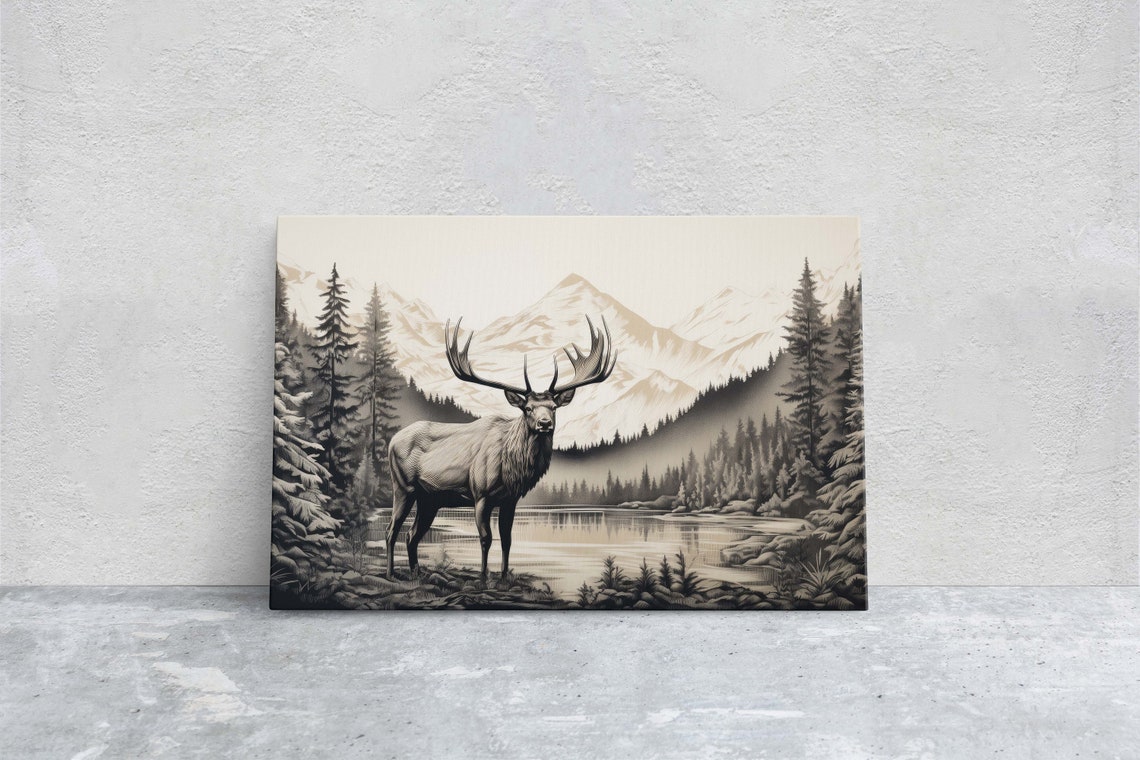 Sepia Elk Mountain Lake Pine Forest Cabin Rustic Wildlife Art Print