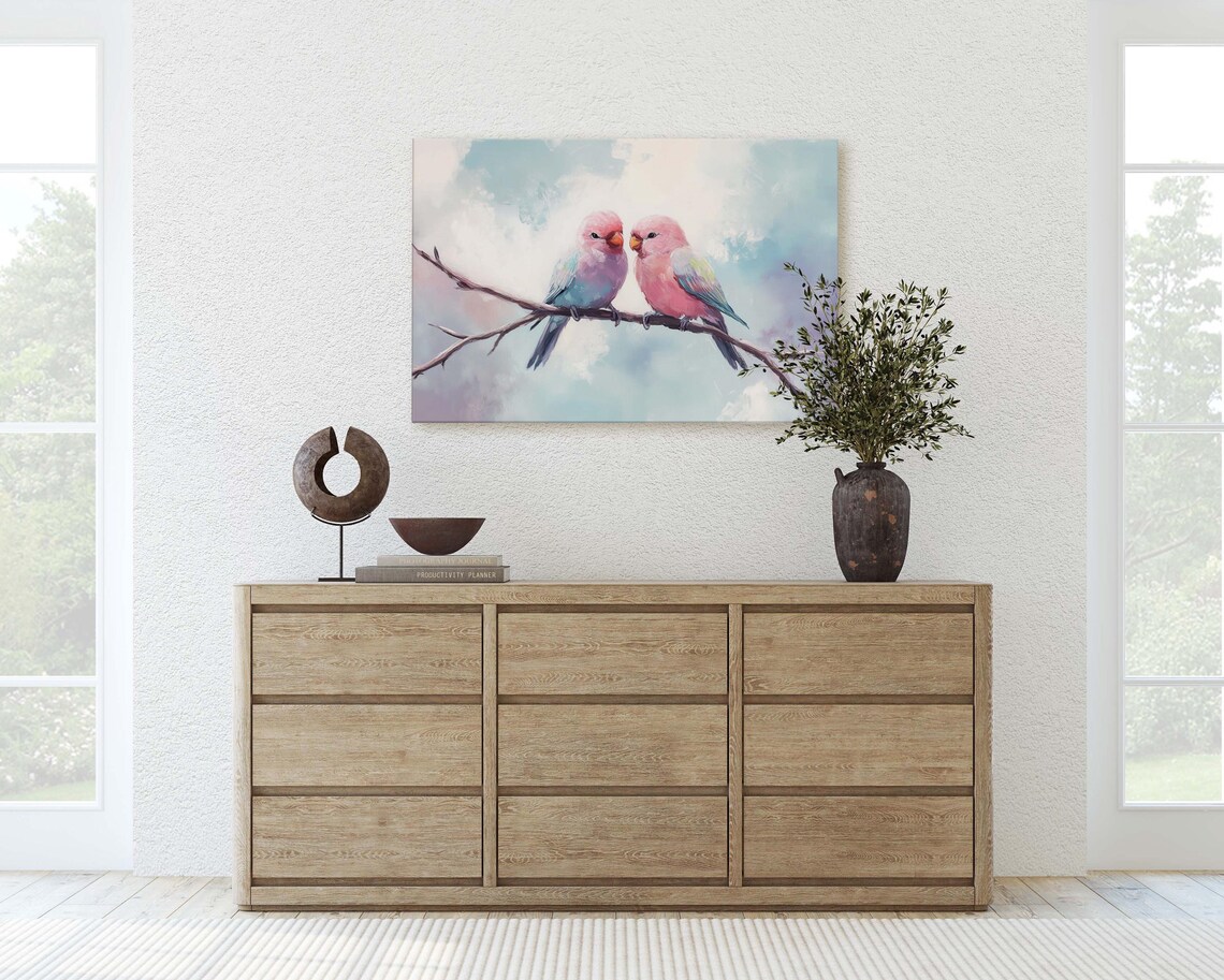 Pastel Pink Lovebirds Pair On Branch Romantic Bird Art Poster - Image 3