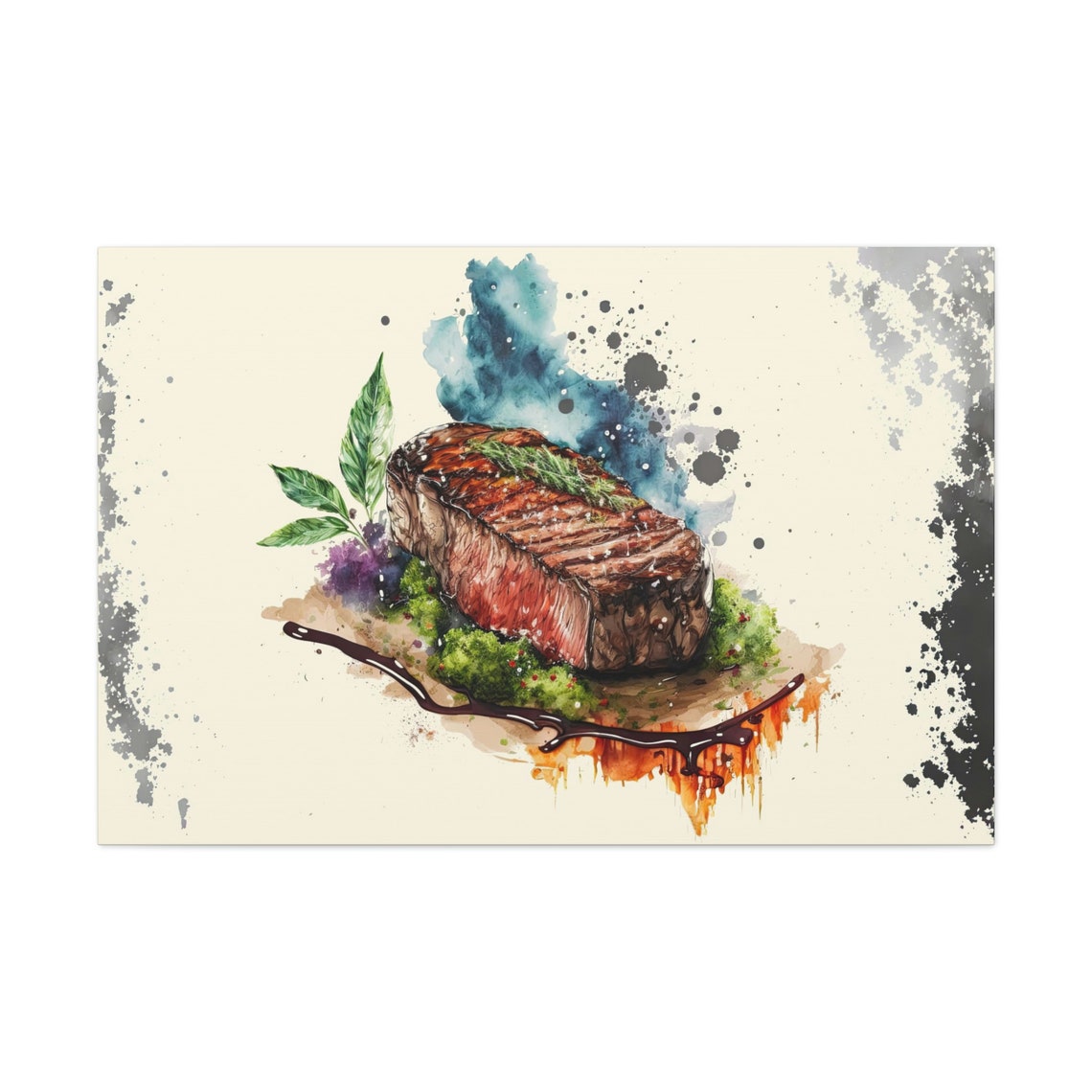 Watercolor Grilled Steak Dinner Painting Rustic Kitchen Decor Poster