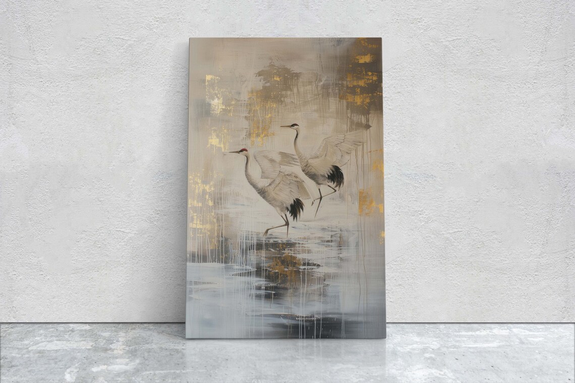 Gold Japanese Cranes Japandi Art Print, Minimalist Decor