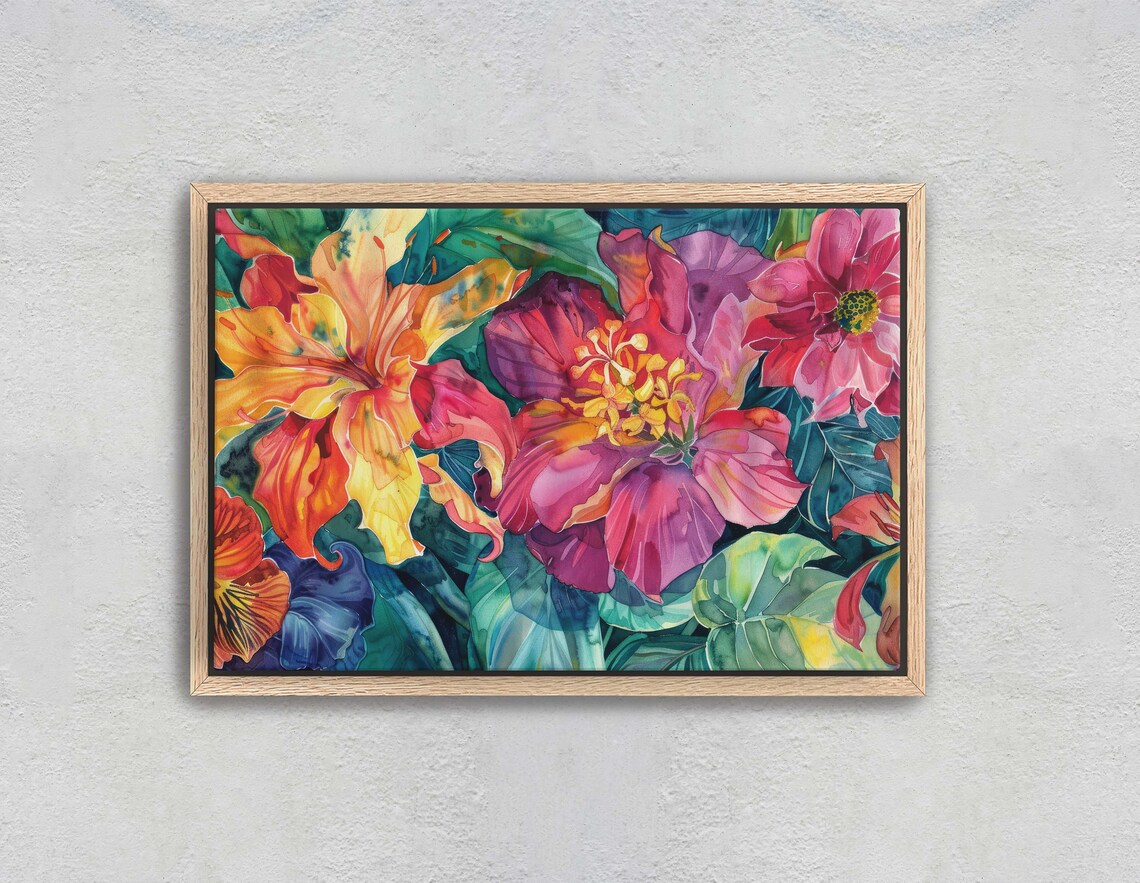 Vibrant Tropical Lily Hibiscus Blooms Lush Watercolor Flower Art Print - Image 2