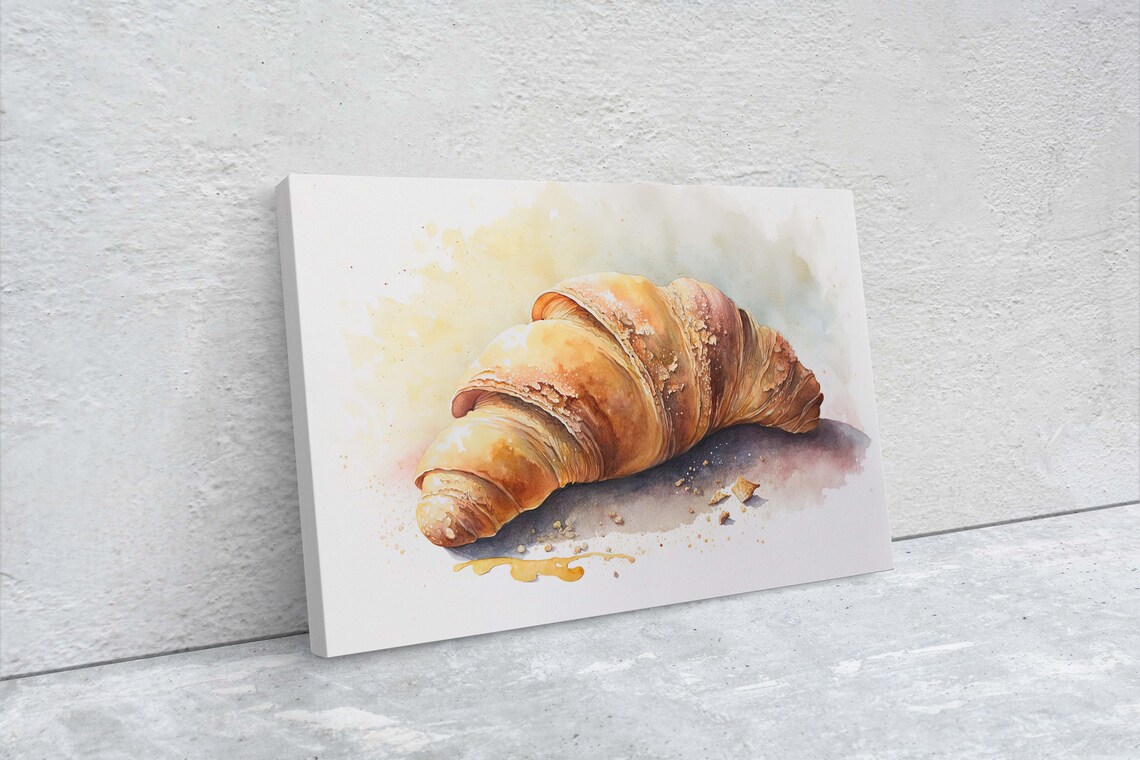 Golden Croissant French Pastry Watercolor Bakery Kitchen Art Poster - Image 2