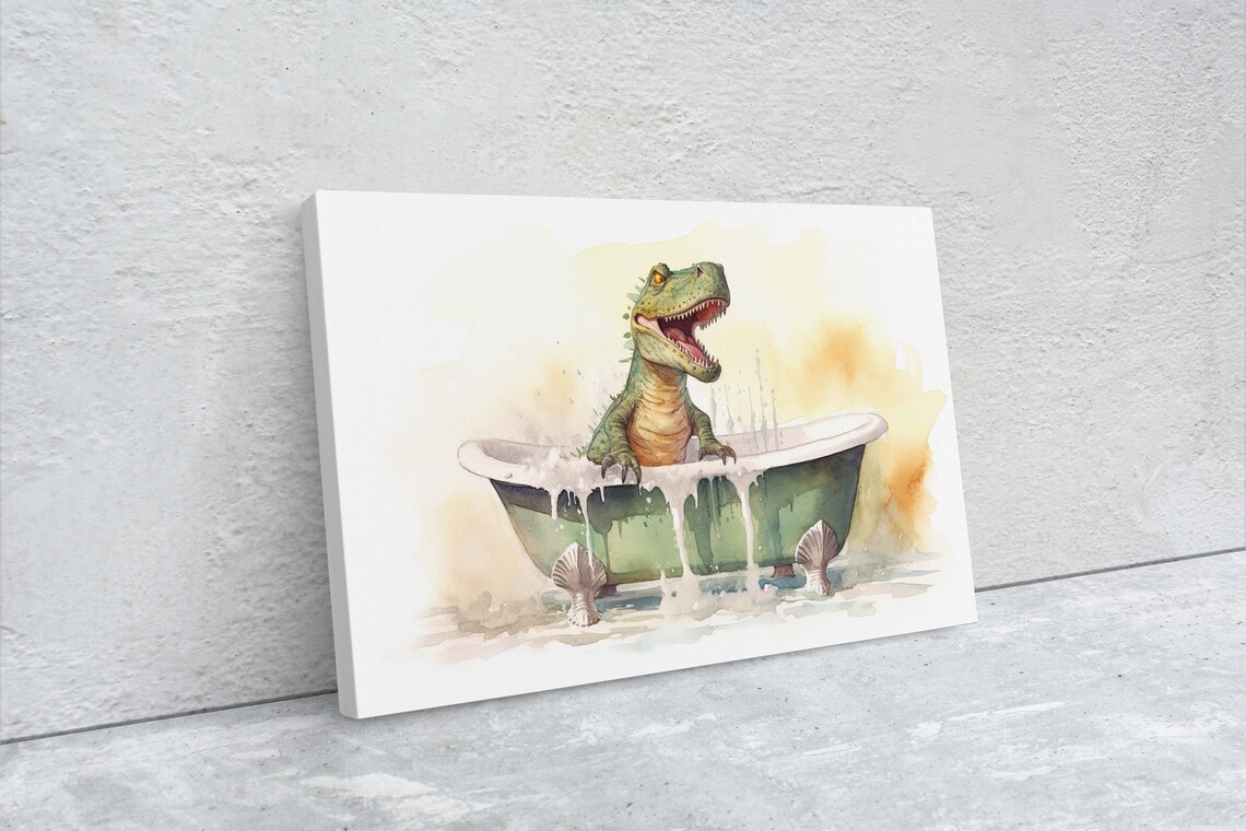 T Rex Dinosaur In Bathtub Watercolor Funny Kids Bathroom Wall Art - Image 2