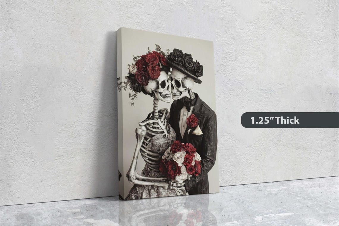 Skeleton Bride and Groom Wedding Portrait Red Roses Gothic Art Print - Image 2