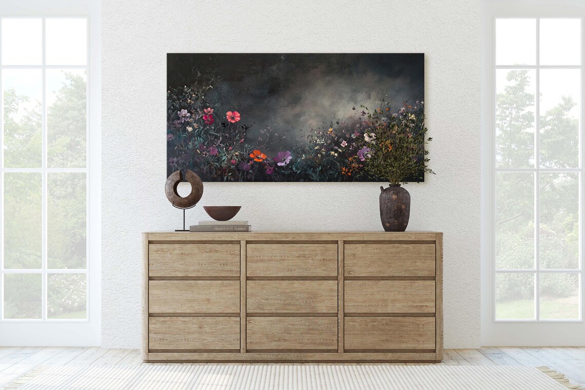 Dark Moody Wildflowers Poppies At Night Black Floral Art Poster - Image 2