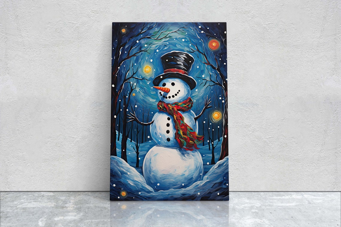 Starry Night Snowman Top Hat Red Scarf Snowfall Winter Art Poster
