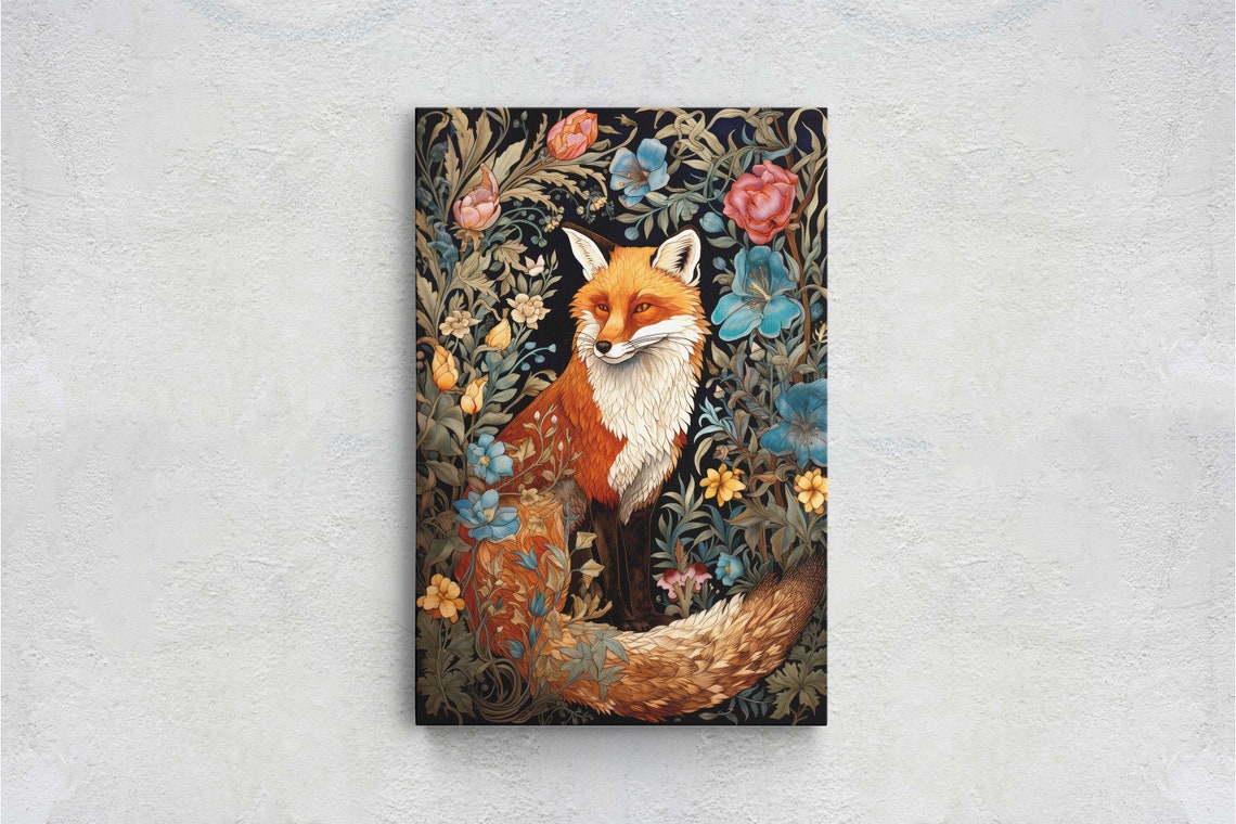 Red Fox Pink Blue Blooms William Morris Floral Garden Art Poster - Image 2