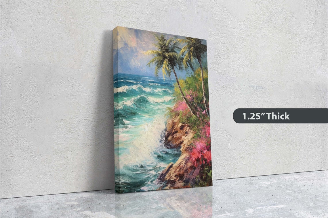 Stormy Beach On Cliffside Waves Flower Beach Palm Trees Tropical Vacation Framed Nature Decor Portrait - Image 3