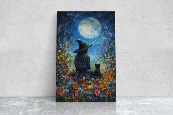 Witch, Black Cat & Full Moon Halloween Art Print