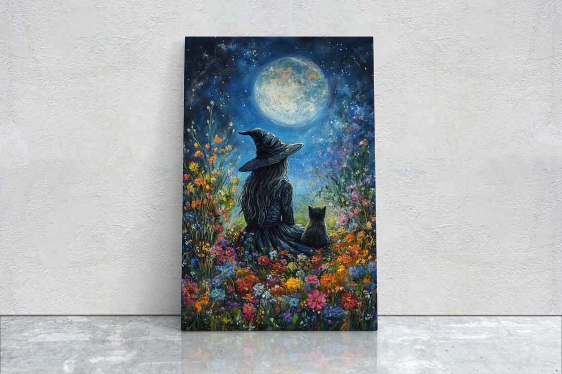 Witch, Black Cat & Full Moon Halloween Art Print
