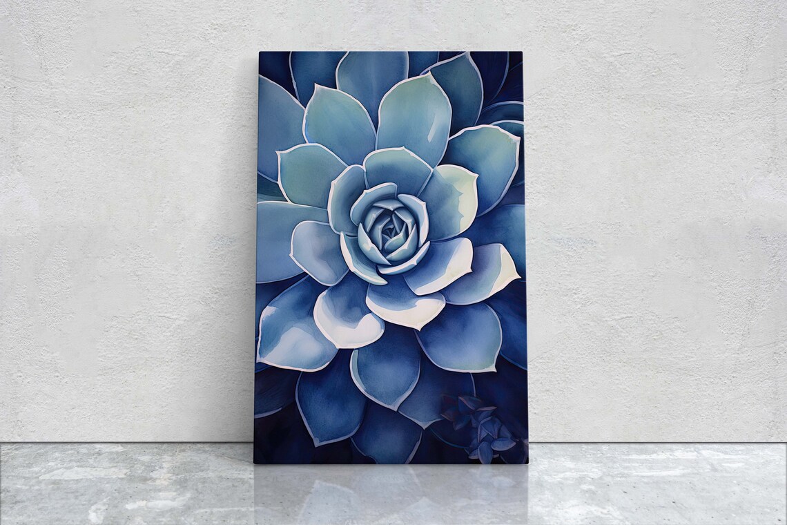 Blue Succulent Rosette Watercolor Botanical Close Up Flower Poster