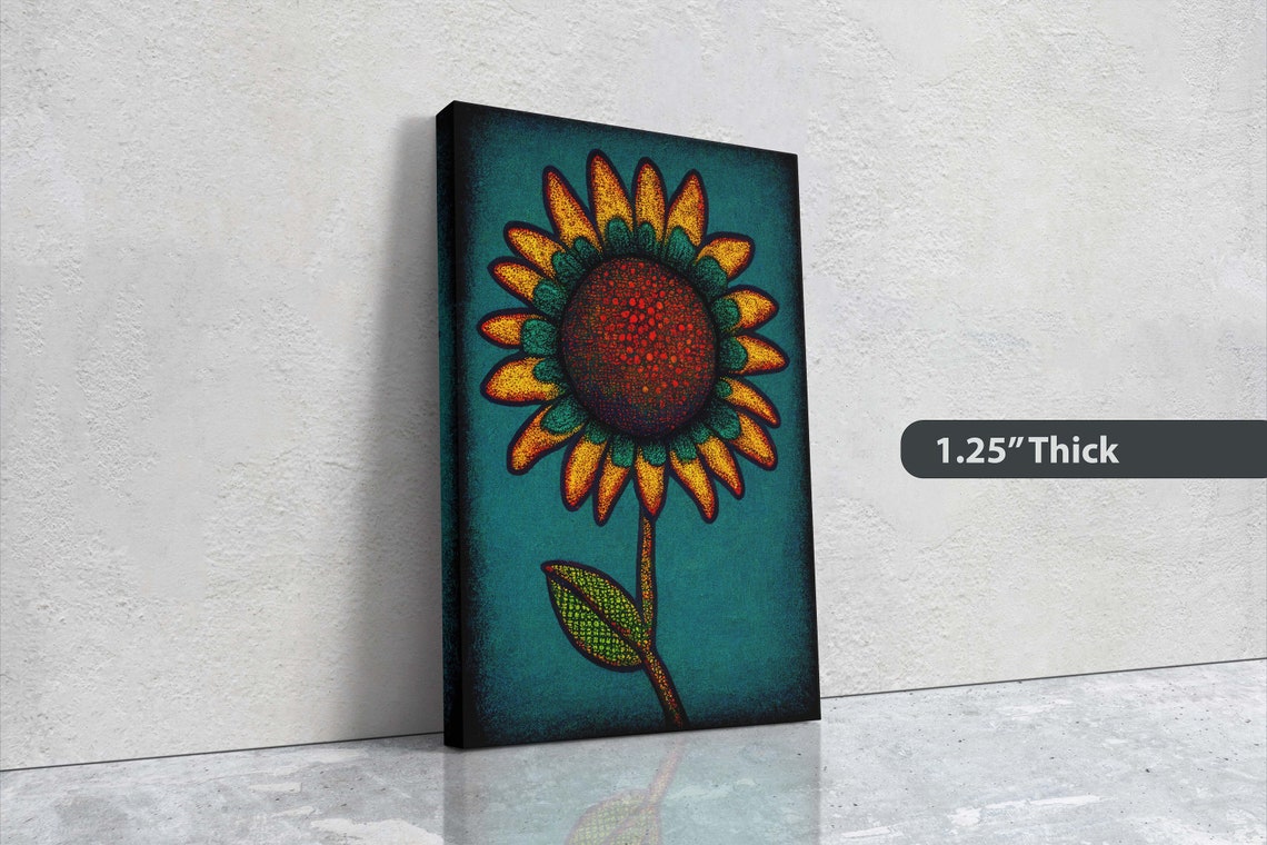 Pointillism Sunflower Teal Background Modern Floral Wall Art Poster - Image 3
