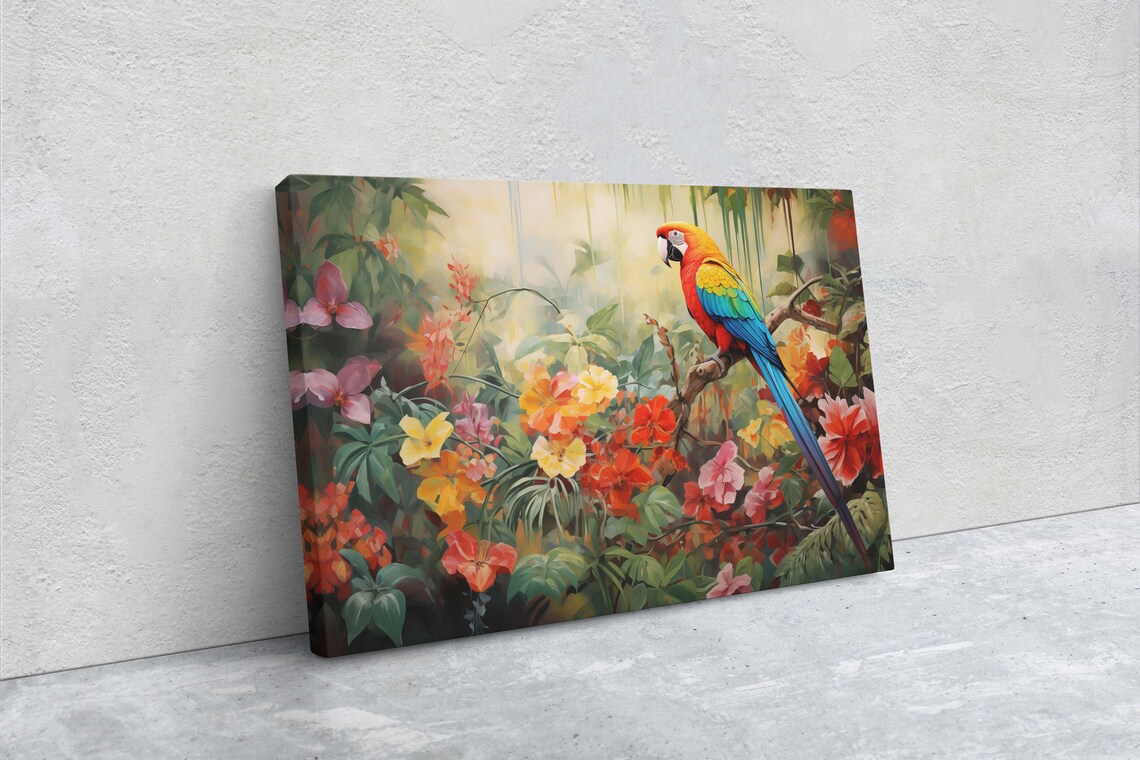 Scarlet Macaw Parrot Tropical Flower Garden Bright Jungle Art Print - Image 2