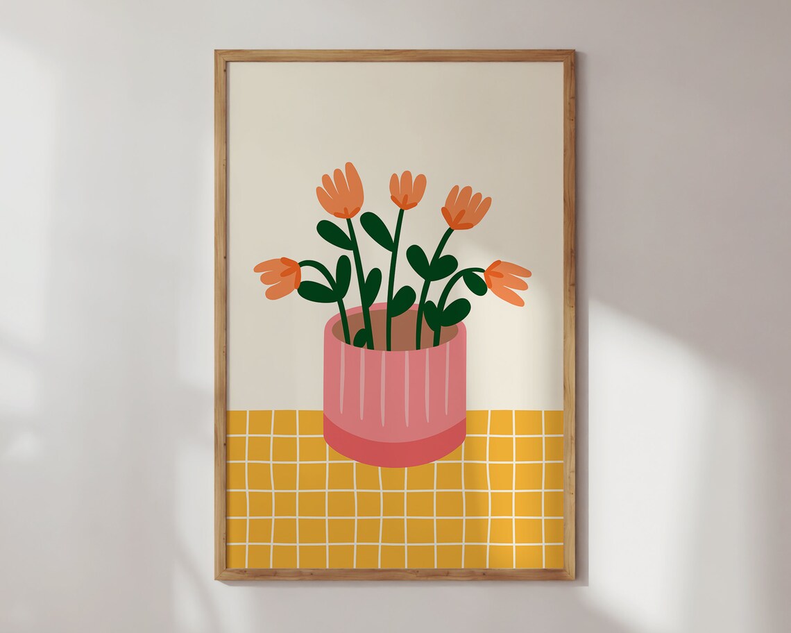 Flower Vase Print, Checkered Tulips Maximalist Decor - Image 2