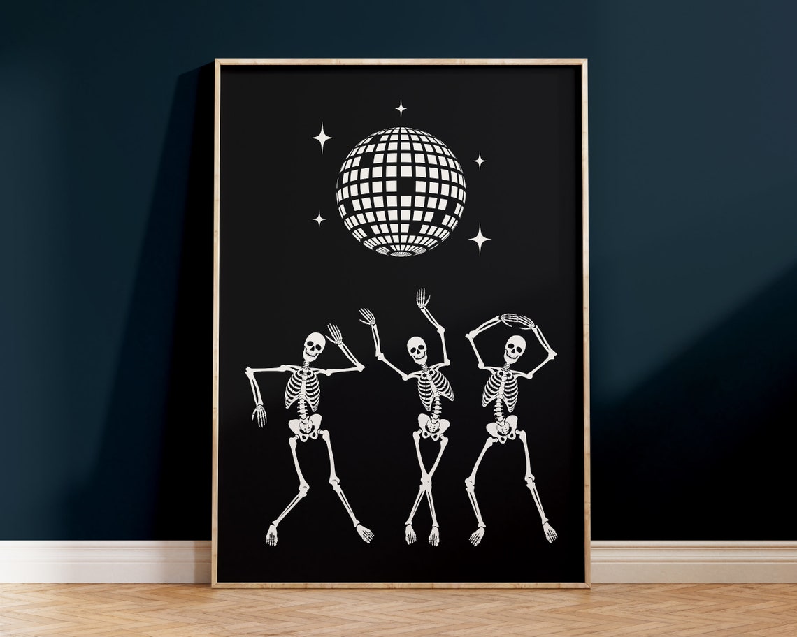 Dancing Skeletons Disco Ball Halloween Spooky Party Black Poster - Image 3