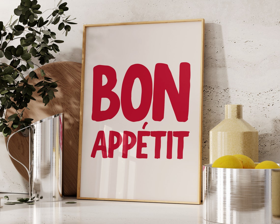 Bon Appetit Red Brush Typography French Kitchen Dining Poster