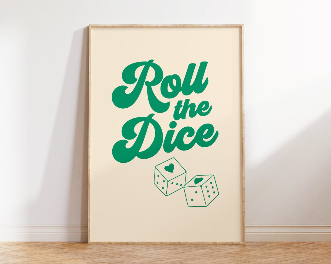 Roll The Dice Green Retro Script Casino Heart Lucky Game Poster - Image 3