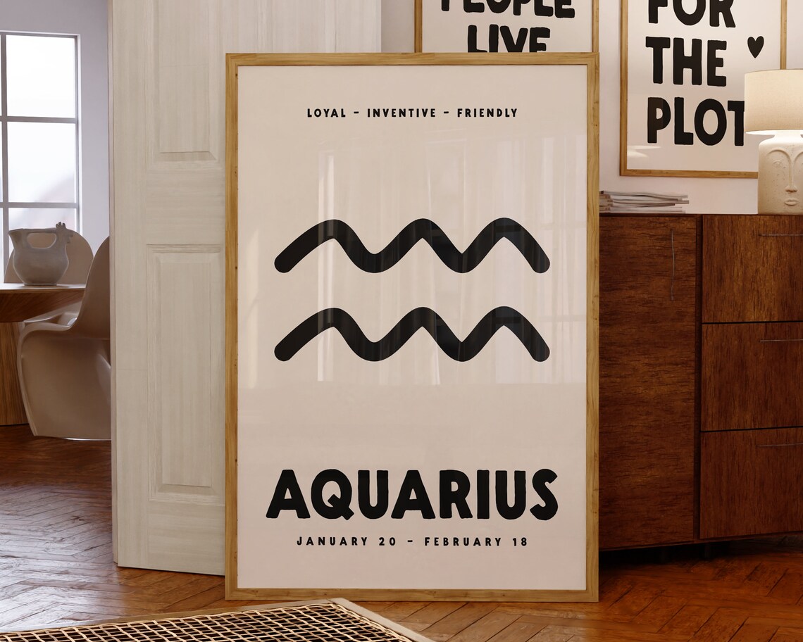 Aquarius Zodiac Symbol Bold Black Cream Minimalist Astrology Poster