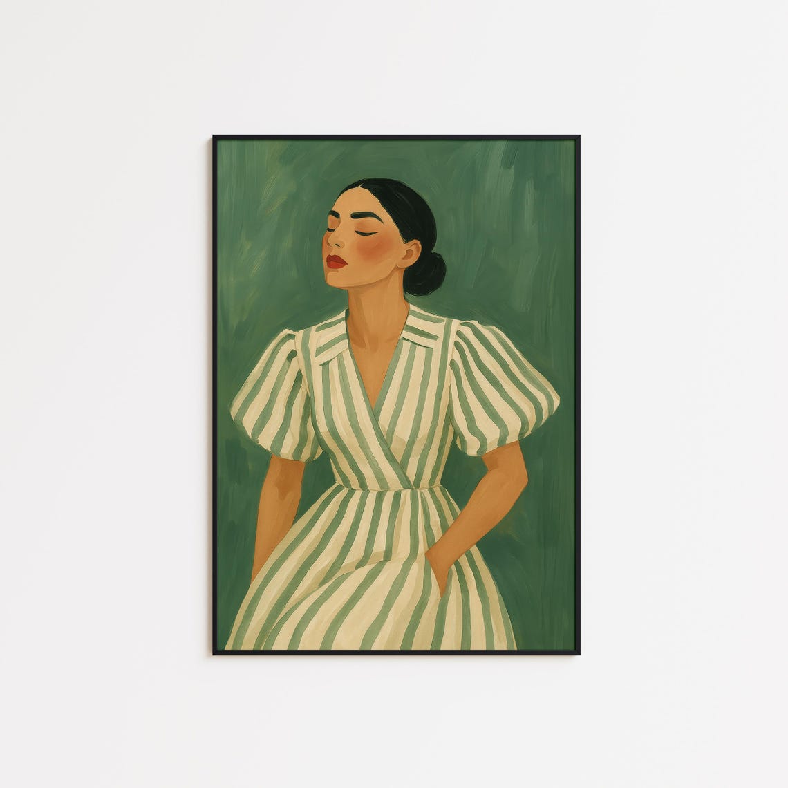 Calm Confidence Green Striped Dress Modern Feminine Art Poster
