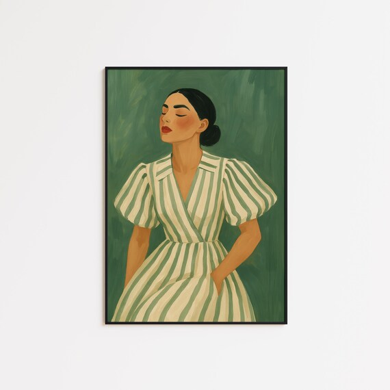 Calm Confidence Green Striped Dress Modern Feminine Art Poster